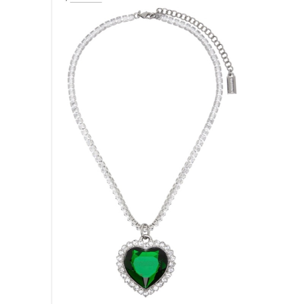 Vetements Silver Necklace with Green Heart Pendant